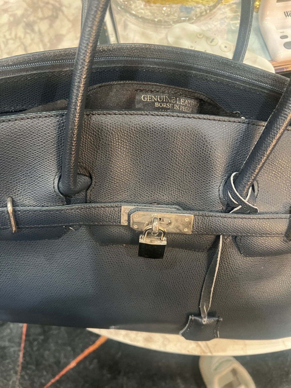 Genuine Leather Black Satchel Tote with Lock Detail